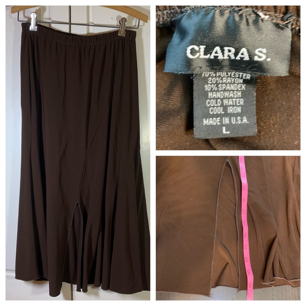 CLARA S. Brown MIDI Skirt Flowy Elastic Waist‎ Slit Boho L Comfort READ Pull On